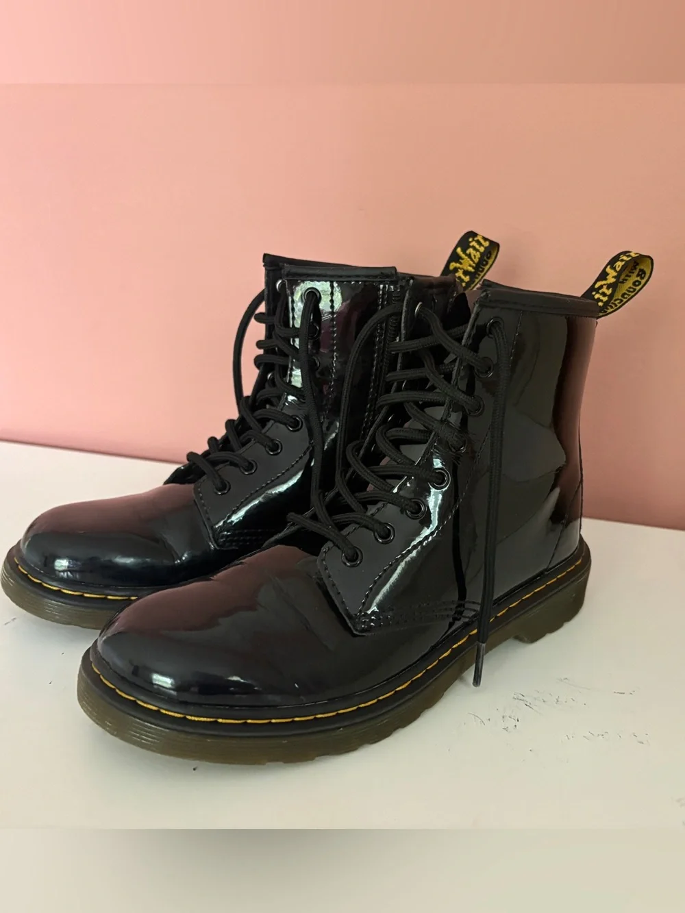 Dr. Martens Black Patent 8-Eye Boots with Yellow Stitching